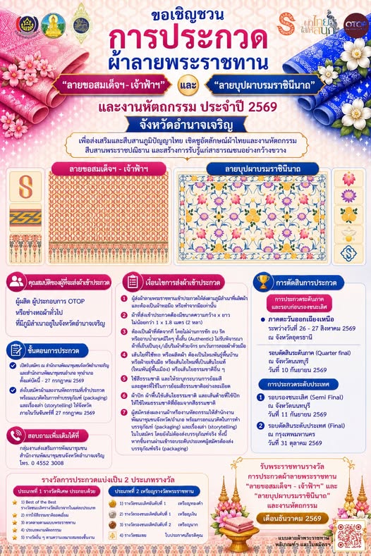 ขอเชิญชวนผู้ผลิต ผู้ประกอบการ OTOP และช่างทอผ้า ร่วมส่งผลงานเข้าประกวดผ้าลายพระราชทาน ประจำปี 2569 จังหวัดอำนาจเจริญ